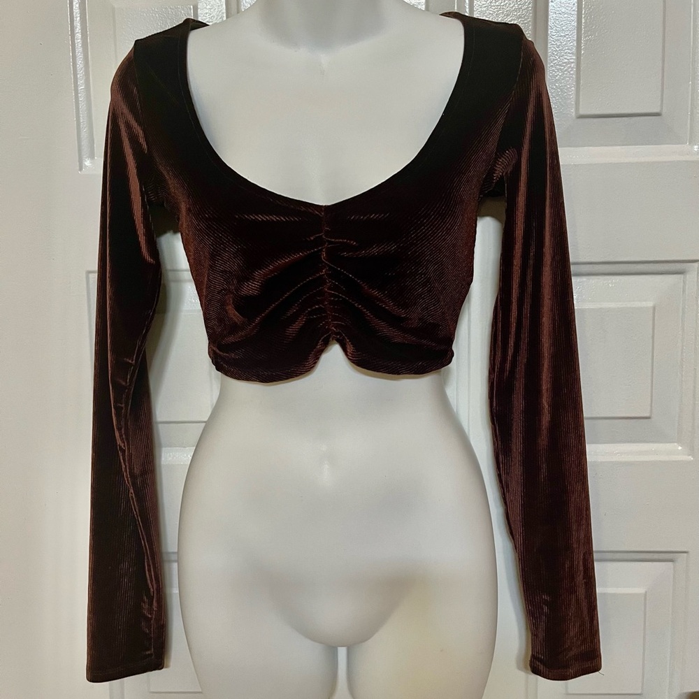 Urban outfitters UO velvet brown cinch ruched long sleeve crop top small